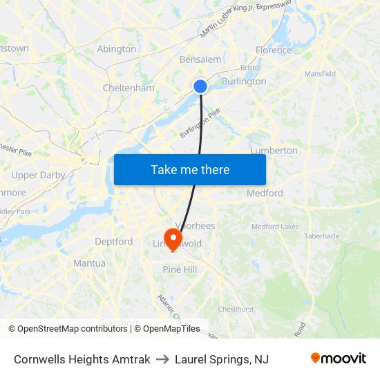 Cornwells Heights Amtrak to Laurel Springs, NJ map