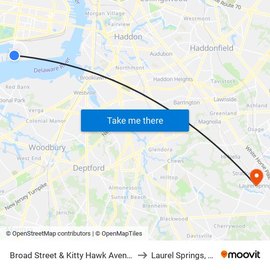 Broad Street & Kitty Hawk Avenue to Laurel Springs, NJ map