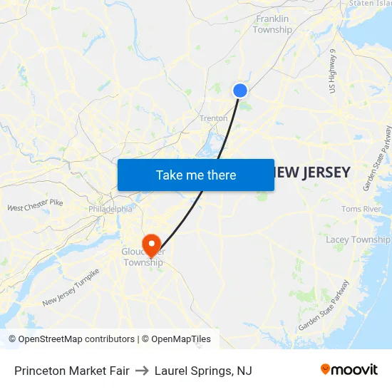 Princeton Market Fair to Laurel Springs, NJ map