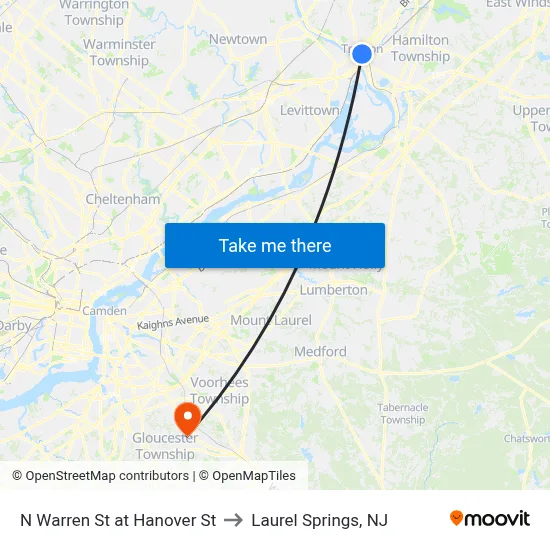 N Warren St at Hanover St to Laurel Springs, NJ map