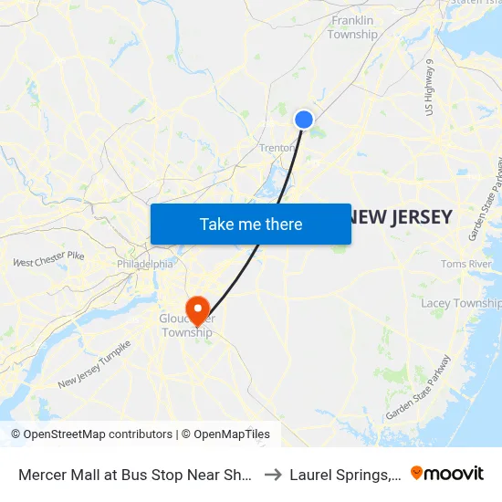 Mercer Mall at Bus Stop Near Shoprite to Laurel Springs, NJ map