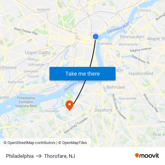 Philadelphia to Thorofare, NJ map