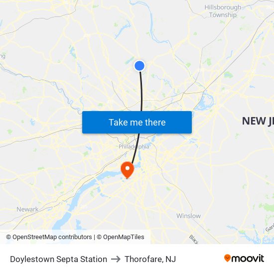 Doylestown Septa Station to Thorofare, NJ map
