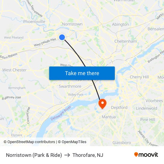 Norristown (Park & Ride) to Thorofare, NJ map