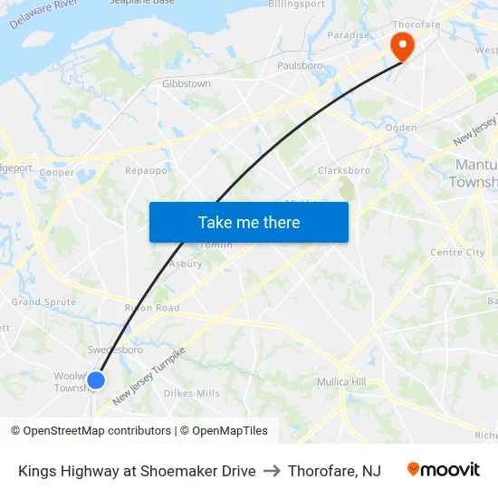 Kings Highway at Shoemaker Drive to Thorofare, NJ map