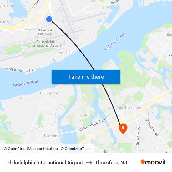 Philadelphia International Airport to Thorofare, NJ map