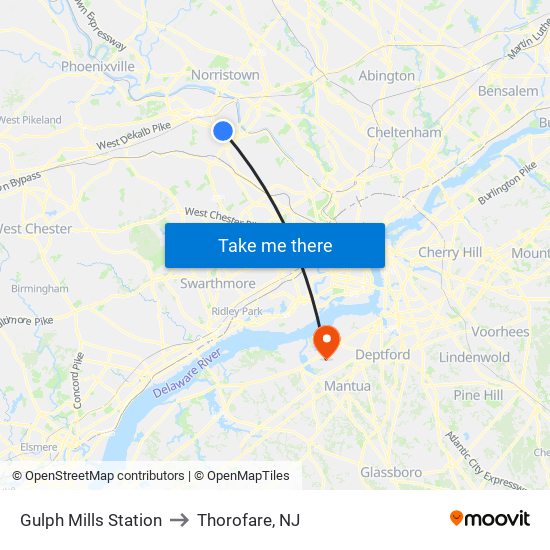 Gulph Mills Station to Thorofare, NJ map