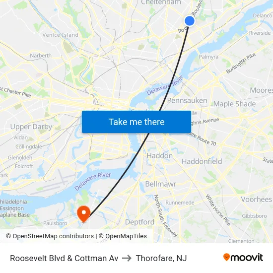 Roosevelt Blvd & Cottman Av to Thorofare, NJ map