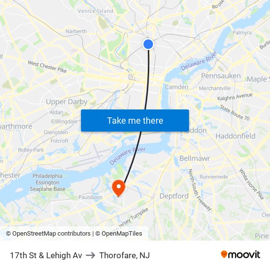 17th St & Lehigh Av to Thorofare, NJ map