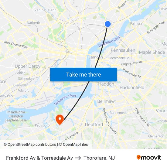 Frankford Av & Torresdale Av to Thorofare, NJ map