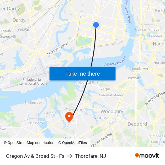 Oregon Av & Broad St - Fs to Thorofare, NJ map