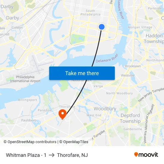 Whitman Plaza - 1 to Thorofare, NJ map