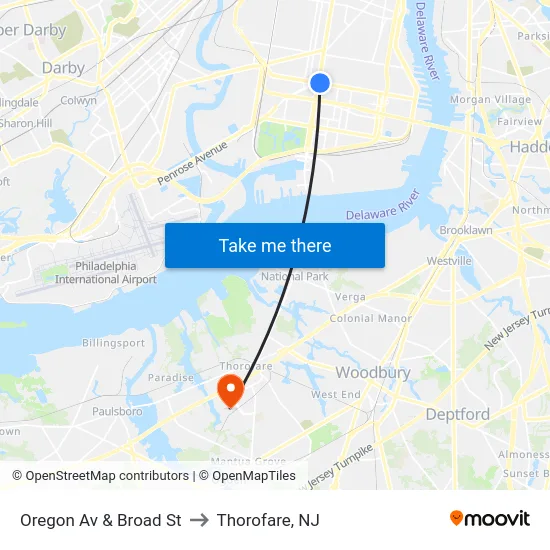 Oregon Av & Broad St to Thorofare, NJ map