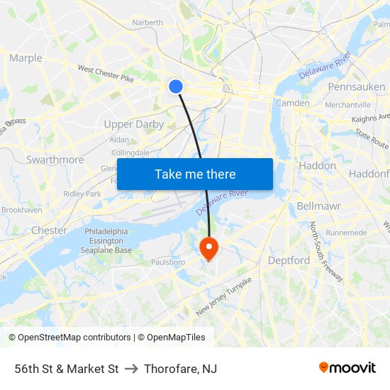 56th St & Market St to Thorofare, NJ map