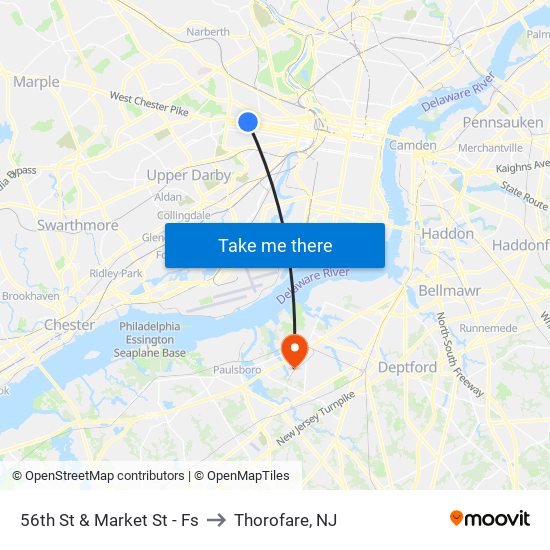 56th St & Market St - Fs to Thorofare, NJ map