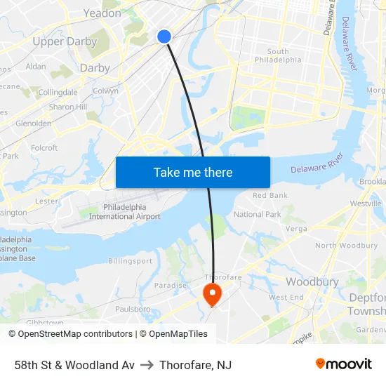 58th St & Woodland Av to Thorofare, NJ map