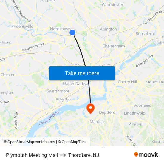 Plymouth Meeting Mall to Thorofare, NJ map