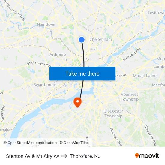 Stenton Av & Mt Airy Av to Thorofare, NJ map