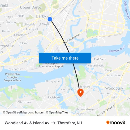 Woodland Av & Island Av to Thorofare, NJ map