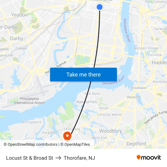 Locust St & Broad St to Thorofare, NJ map