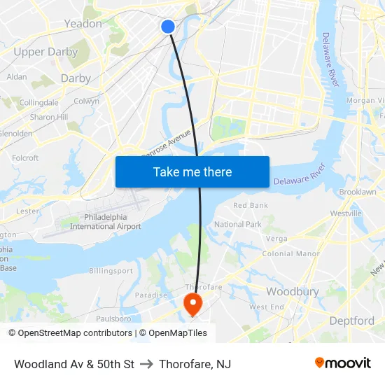 Woodland Av & 50th St to Thorofare, NJ map