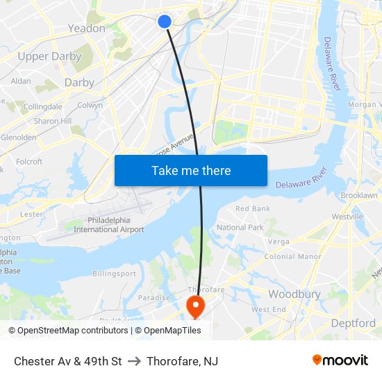 Chester Av & 49th St to Thorofare, NJ map