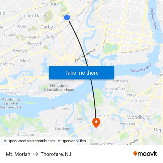 Mt. Moriah to Thorofare, NJ map