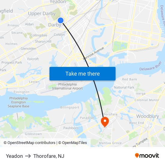 Yeadon to Thorofare, NJ map