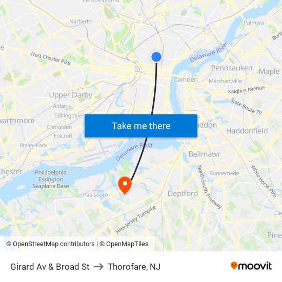Girard Av & Broad St to Thorofare, NJ map