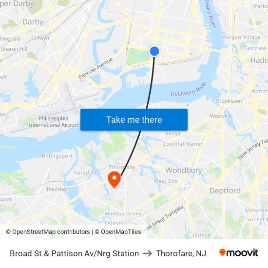Broad St & Pattison Av/Nrg Station to Thorofare, NJ map