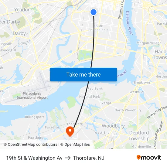 19th St & Washington Av to Thorofare, NJ map