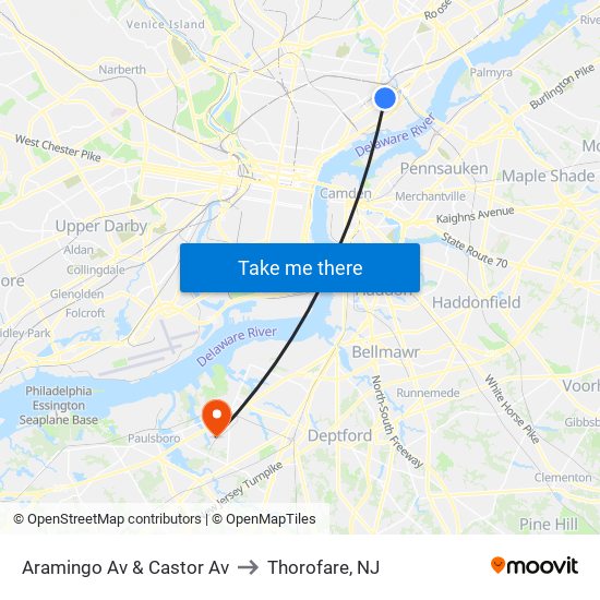 Aramingo Av & Castor Av to Thorofare, NJ map