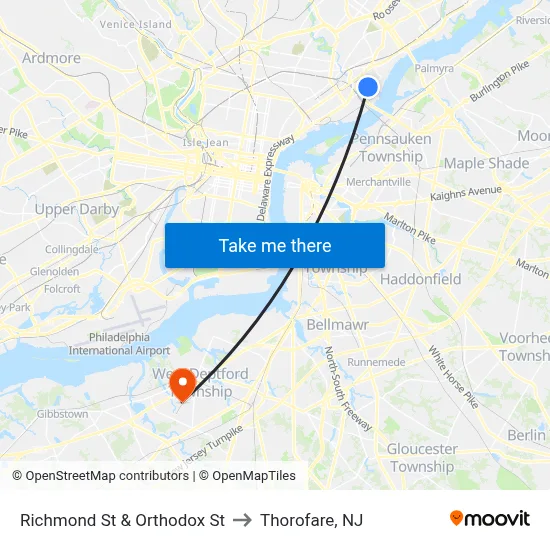 Richmond St & Orthodox St to Thorofare, NJ map