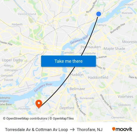 Torresdale Av & Cottman Av Loop to Thorofare, NJ map