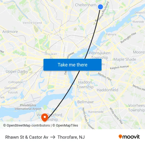 Rhawn St & Castor Av to Thorofare, NJ map