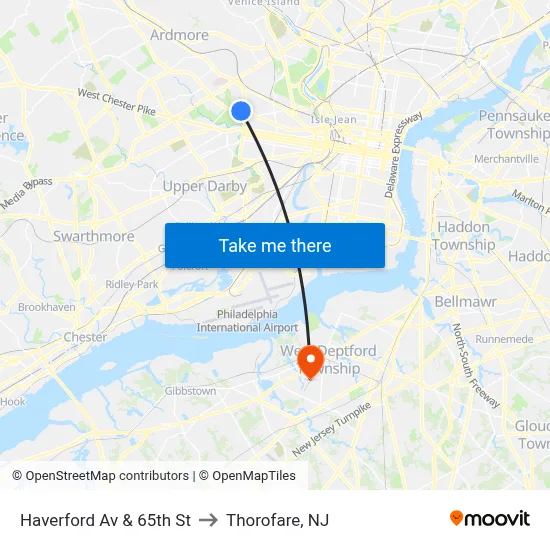 Haverford Av & 65th St to Thorofare, NJ map