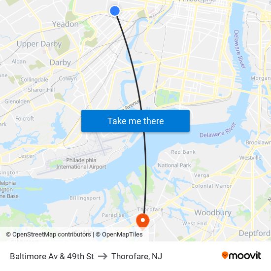 Baltimore Av & 49th St to Thorofare, NJ map