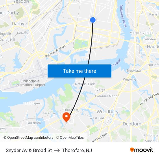 Snyder Av & Broad St to Thorofare, NJ map