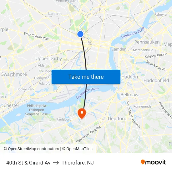 40th St & Girard Av to Thorofare, NJ map