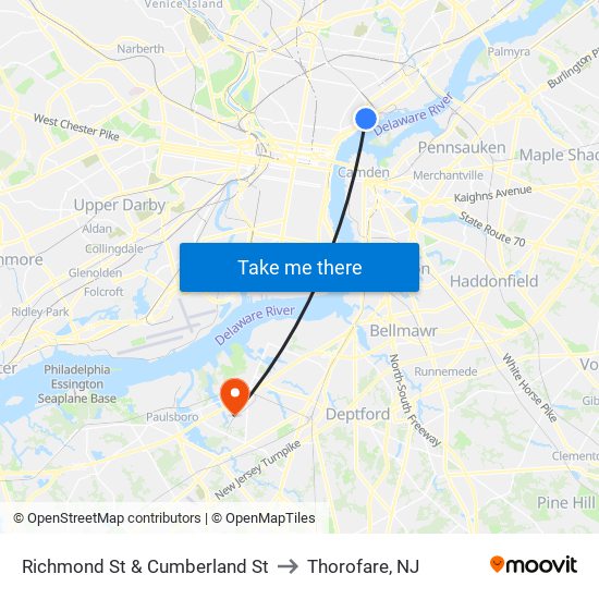 Richmond St & Cumberland St to Thorofare, NJ map