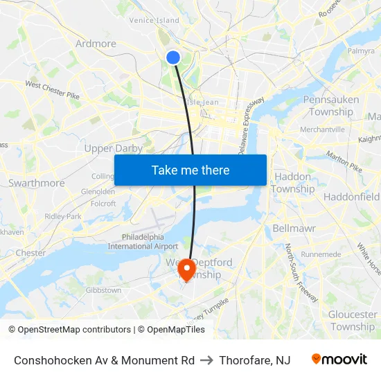 Conshohocken Av & Monument Rd to Thorofare, NJ map