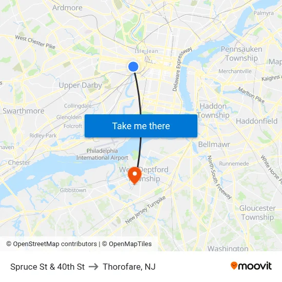 Spruce St & 40th St to Thorofare, NJ map