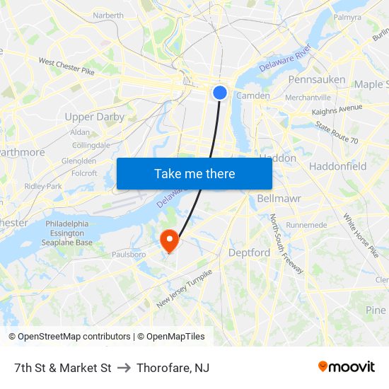 7th St & Market St to Thorofare, NJ map