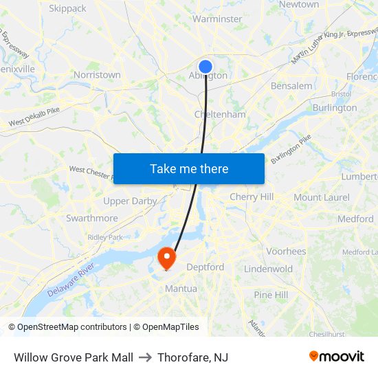 Willow Grove Park Mall to Thorofare, NJ map