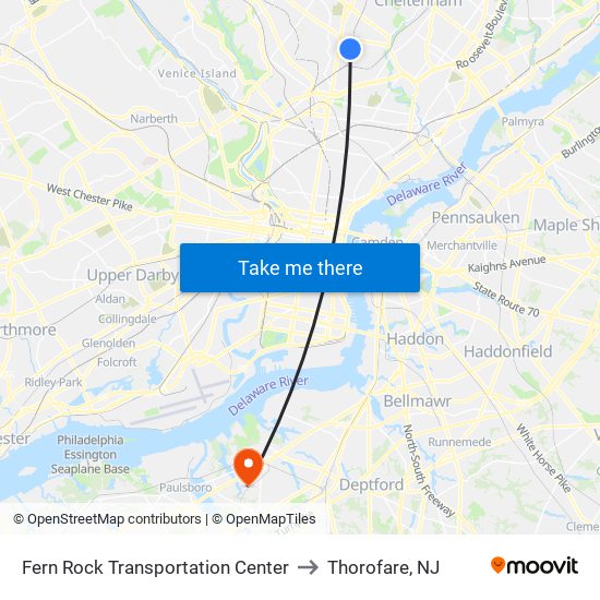 Fern Rock Transportation Center to Thorofare, NJ map