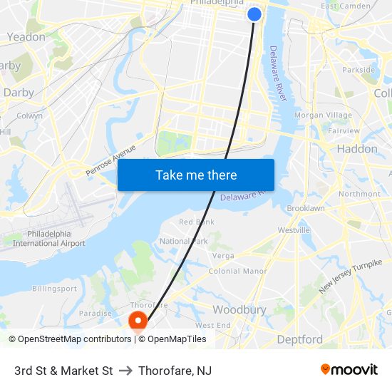 3rd St & Market St to Thorofare, NJ map