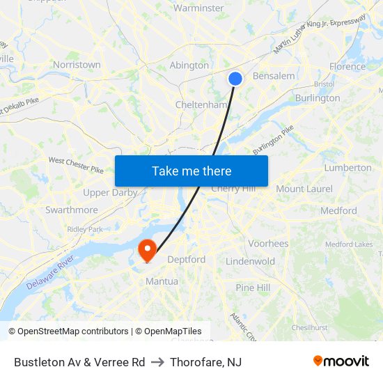 Bustleton Av & Verree Rd to Thorofare, NJ map