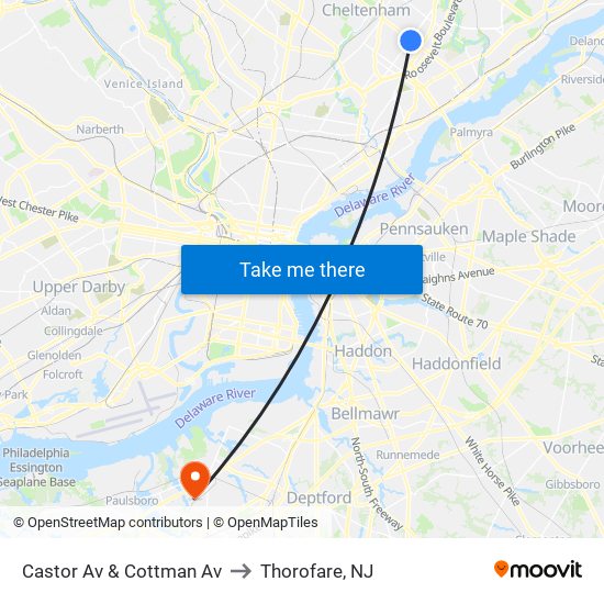 Castor Av & Cottman Av to Thorofare, NJ map