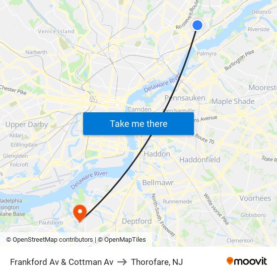 Frankford Av & Cottman Av to Thorofare, NJ map