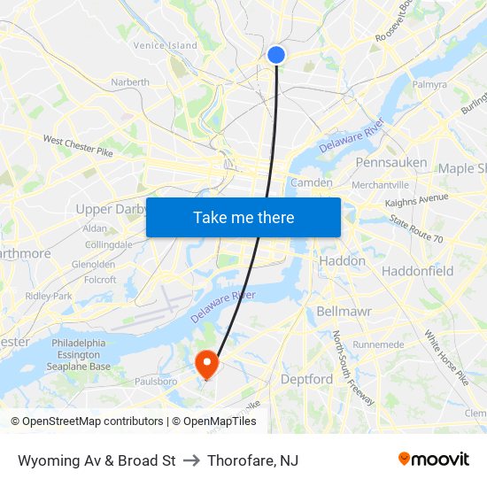 Wyoming Av & Broad St to Thorofare, NJ map